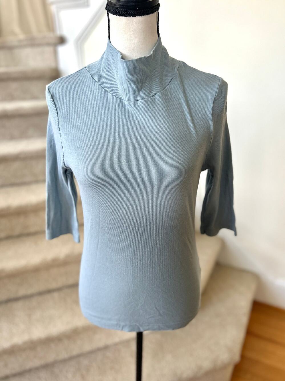Paper Label Slate Blue Ribbed Mock Neck 3/4 Sleeve Top